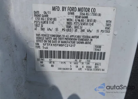 2011 Ford F-150 Fx4 из США, поврежденный, VIN 1FTFX1EF9BFC21217